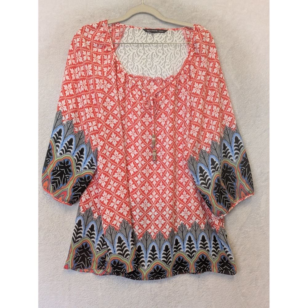 Zac & Rachel Tunic Women's 2X Orange Geometric Lace Back Beaded Tassel Boho